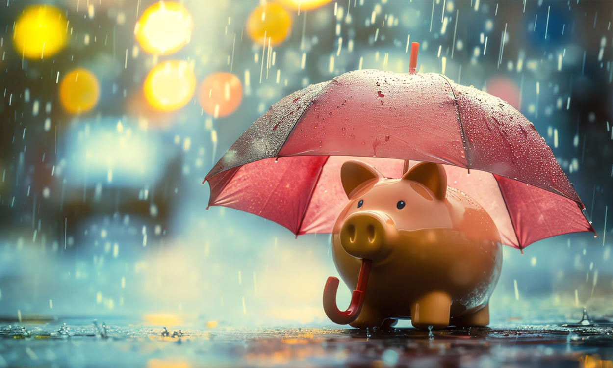 Un cochon tirelire protégé par un parapluie sous un orage